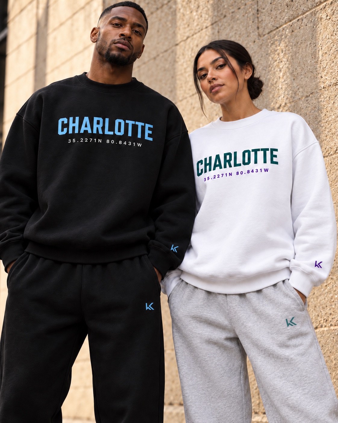 Black and white Charlotte crewnecks, digital styling preview
