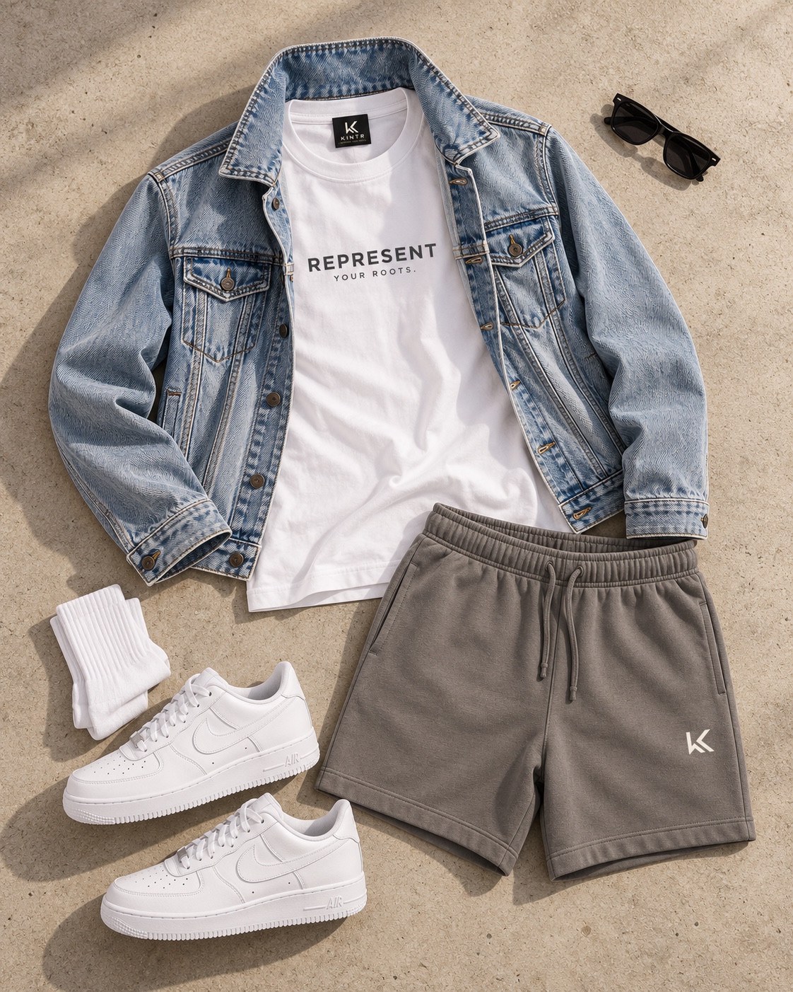 Gray K monogram shorts shown in coordinated KINTR look