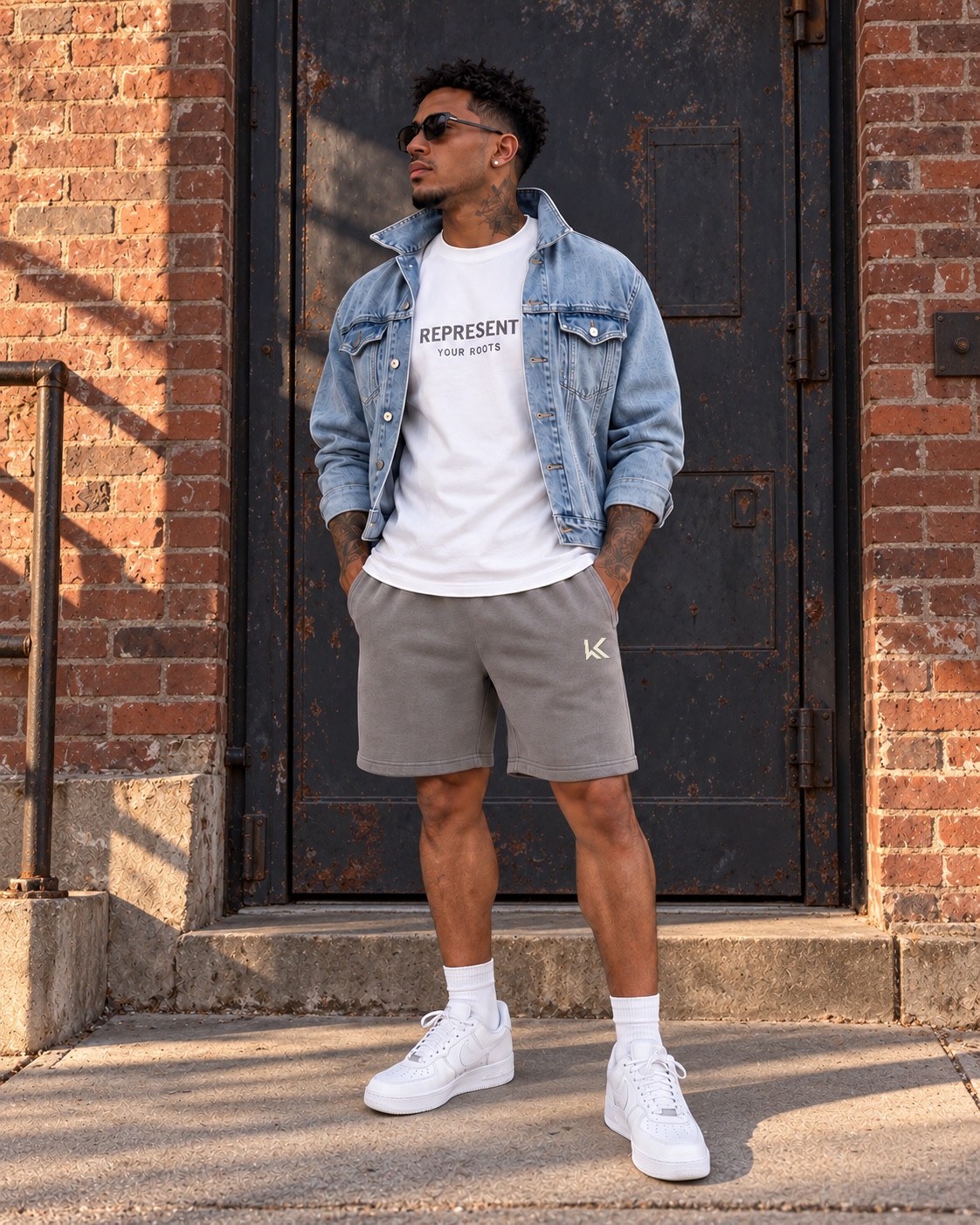 REPRESENT YOUR ROOTS tee styled with denim and gray K shorts