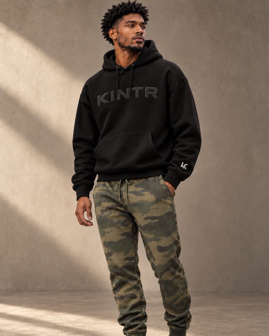 Black tonal KINTR hoodie, digital styling preview