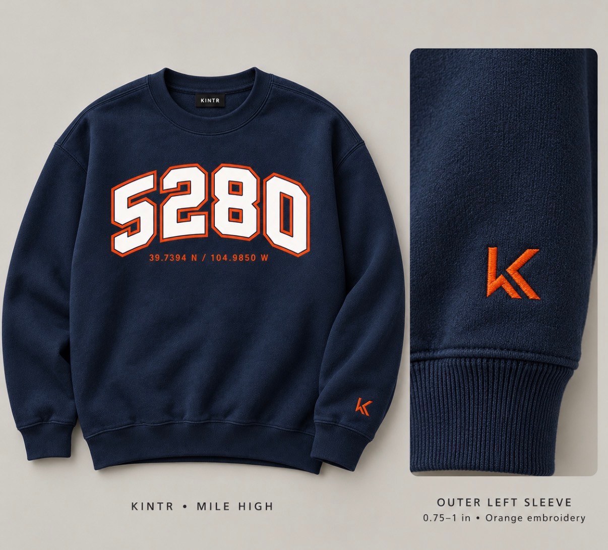 Navy KINTR Mile High 5280 crewneck design board