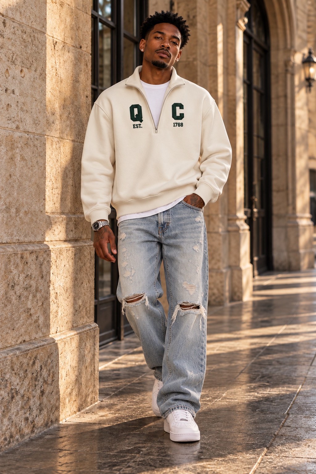 Parchment QC quarter-zip design styled on model